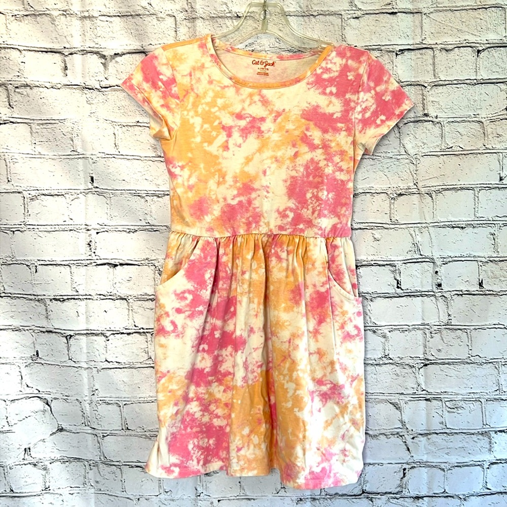 ⭐️ Cat & Jack pink & peach short sleeve tie dyed dress girl 8-10 L